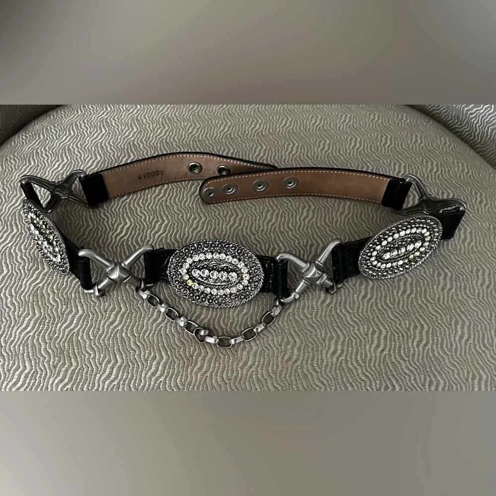 Streets Ahead Vintage 90’s Black Leather Belt With Rhinestones And Chain
